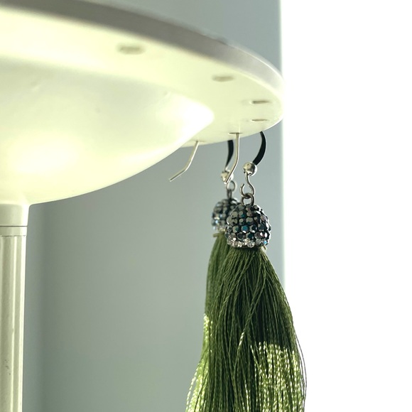 Green Tassel Drop Earrings With Gunmetal Bead - Picture 5 of 8
